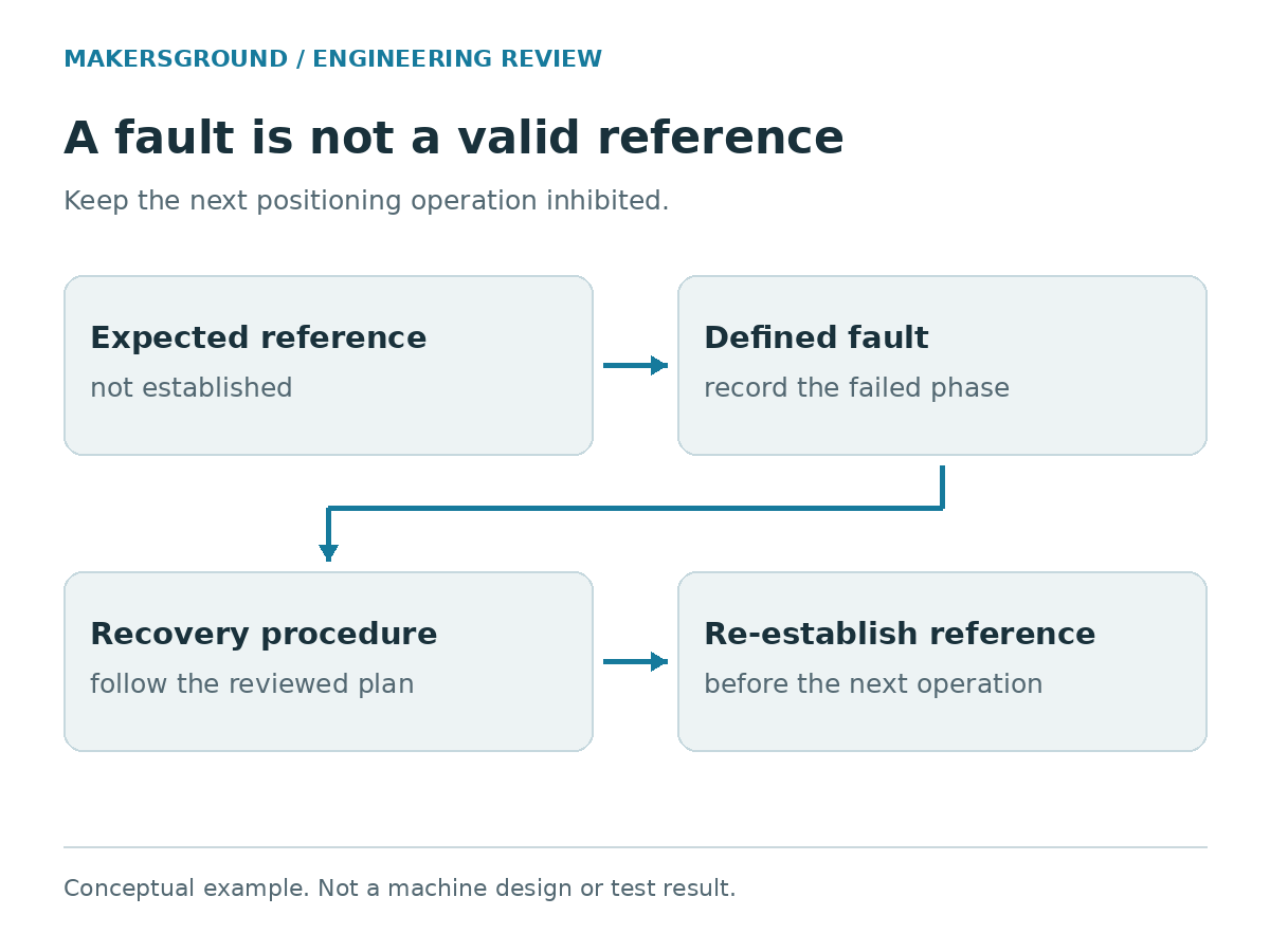 Four connected boxes show an absent reference, a recorded fault, the reviewed recovery procedure and re-establishment of reference before the next operation.
