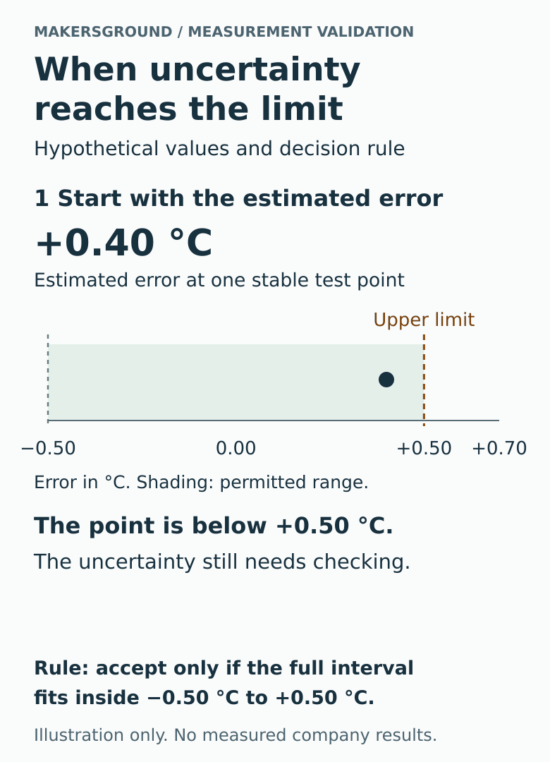 Hypothetical error estimate of +0.40 °C with an uncertainty interval from +0.20 °C to +0.60 °C. The interval crosses the +0.50 °C upper limit, so the point is not accepted under the stated example rule.